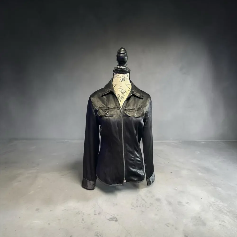 Guess Charcoal Gray Satin Full Zip Shirt Women’s Size S